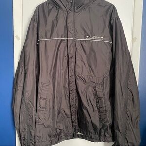 Men’s Y2K Nautica Competition Windbreaker w/ Packable Hood, Black & Gray, XXL